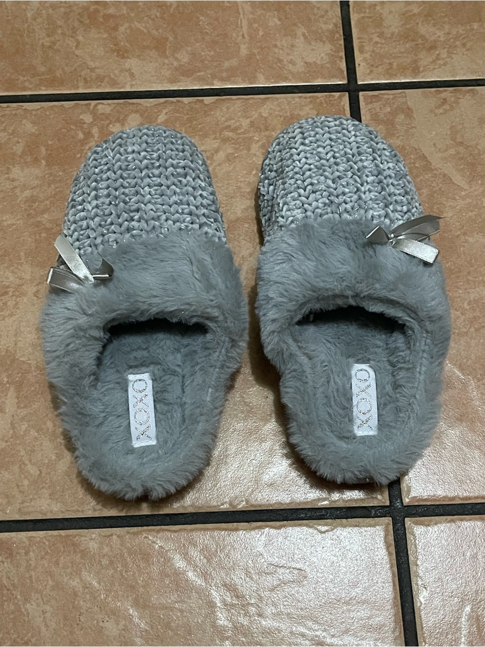 Send offer to me XOXO Soft Grey Knit Faux Fur Women's Slip-On Slippers with Bow